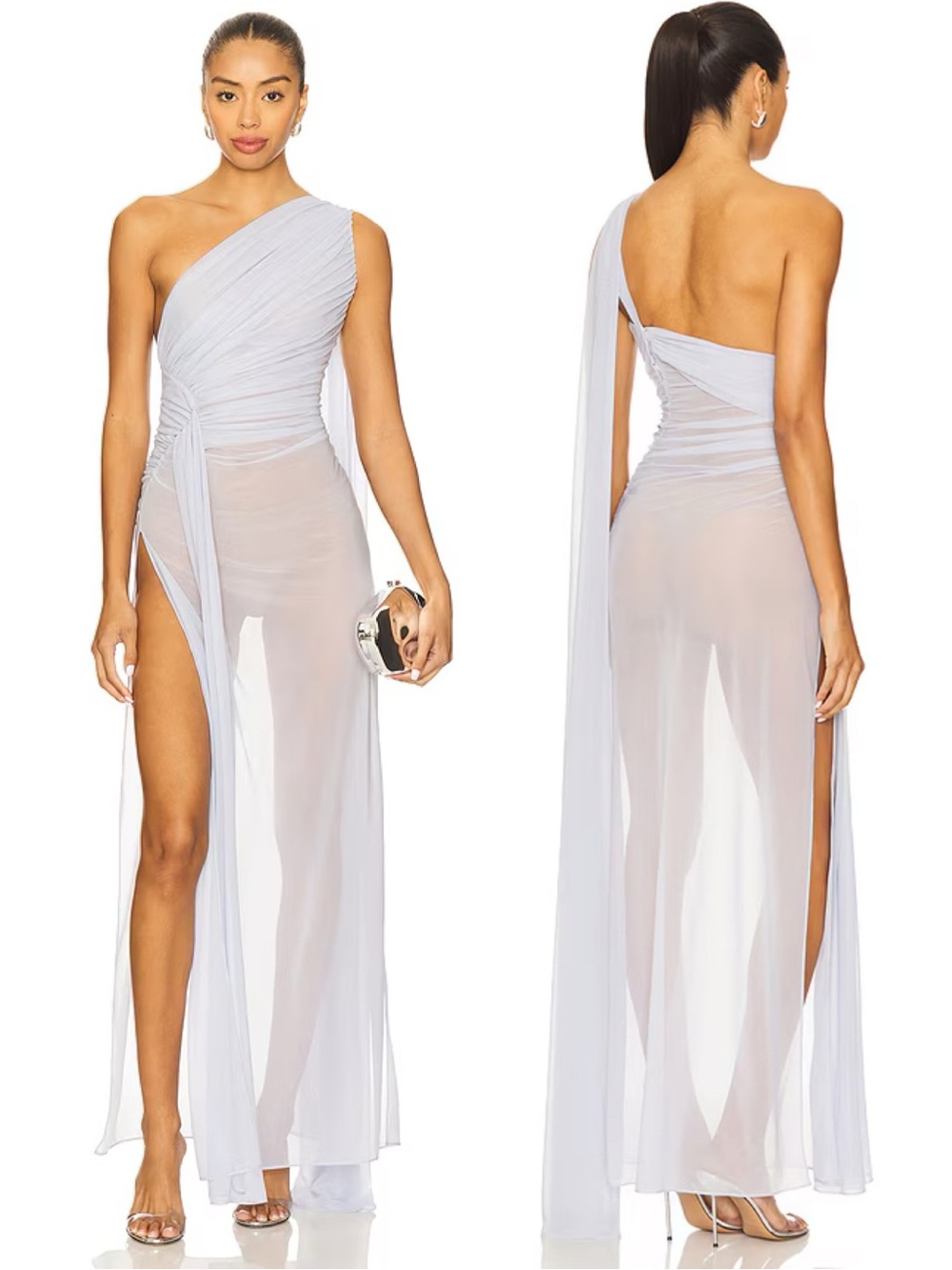 Mirror Palais Sirena Sheer One Shoulder Gown Ciel Blue NEW with tag